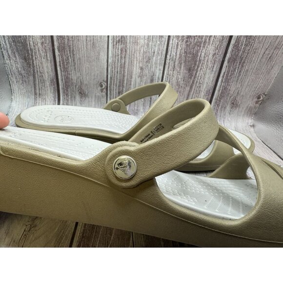 Crocs Patricia Two Toned Taupe Low Wedge Slip On Sandal Women's Size 10 - Picture 3 of 11